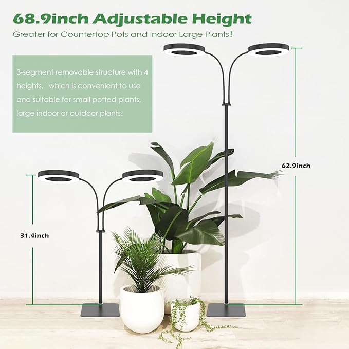 PRONORO Grow Light for Indoor Plants,Full Spectrum 2-Head LED Grow Light,Standing Grow Light for Large Plants,Auto ON/Off Timer,6 Dimmable Levels,3 Spectrum Light Modes,Height Adjustable,36W