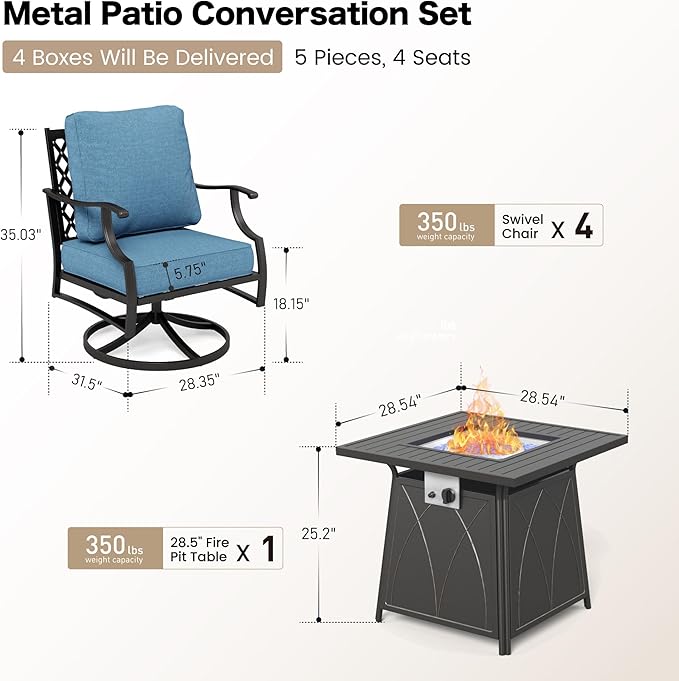 5 Piece Metal Outdoor Patio Furniture Set with Fire Pit Table, Patio Conversation Sets 4 Swivel Chairs with 5.75" Thick Cushion and 5000 BTU Fire Pit Table, Backyard Furniture, Navy
