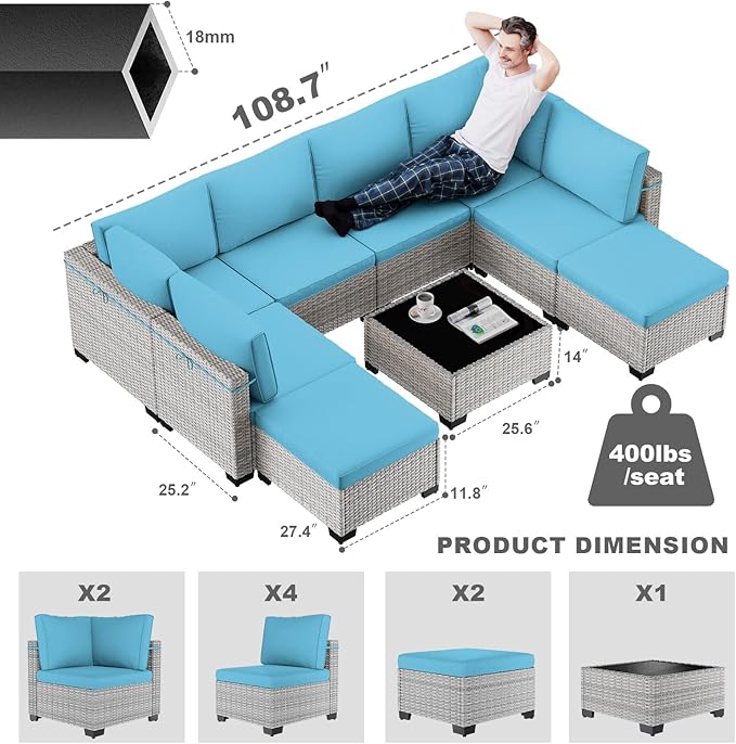 9-Piece Patio Furniture Set, Outdoor with Ottomans, Modular Patio Sofa, Dual-Strand Wicker Rattan, Rust-Resistant Frame, Backyard Furniture for Garden, Deck, Lake Blue