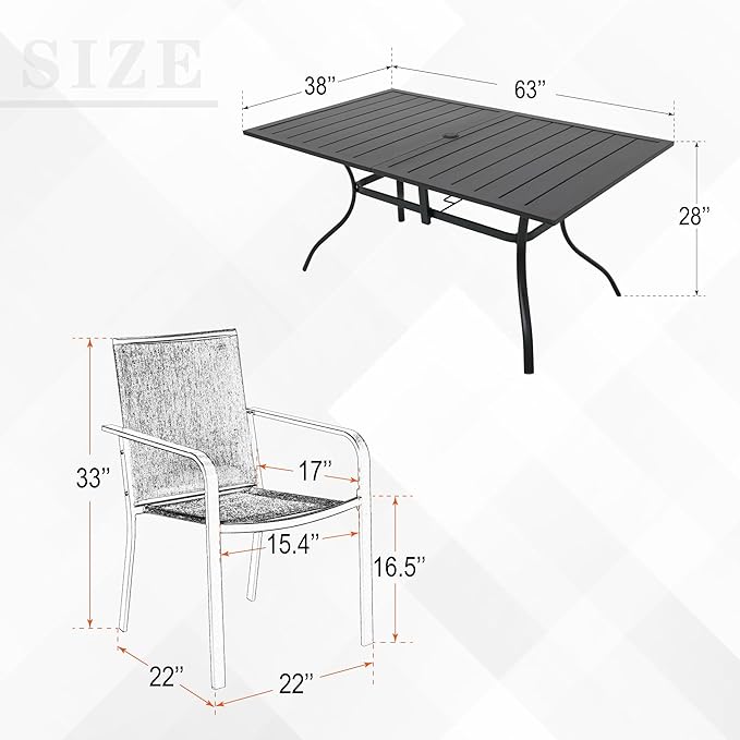 7-Piece Outdoor Patio Dining Set, 6 Stackable Patio Chairs & Rectangular Dining Table with All Weather Frame Furniture Set - Black