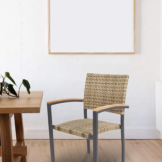 TRY & DO Patio Dining Chairs Set of 4,Outdoor Wicker Stackable Dining Chairs with Wooden Armrest PE Rattan Aluminum Frame Patio Furniture Sets for Garden, Balcony, Lawn and Indoors (Brown)