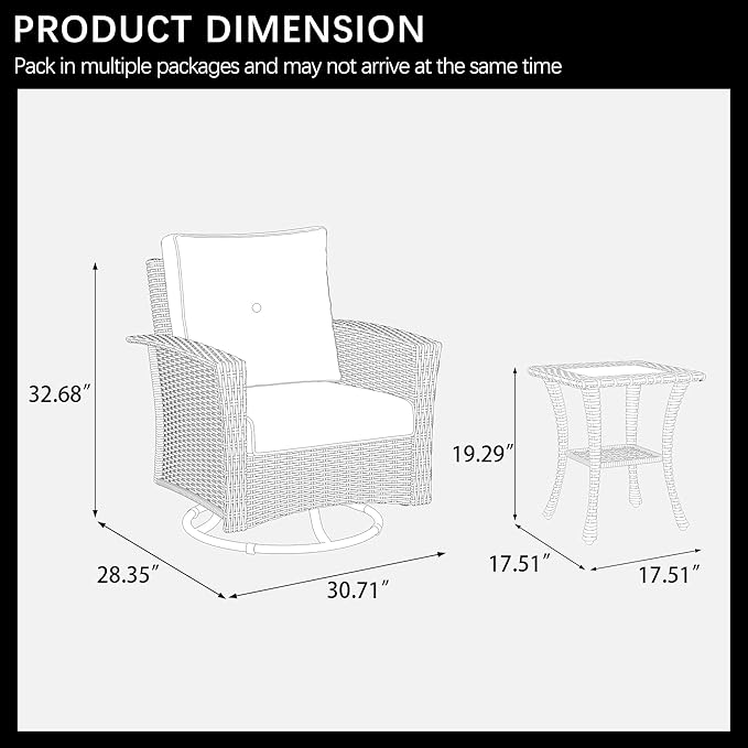 LayinSun 3 Piece Wicker Patio Furniture Set, Classis Outdoor Conversation 360 Degree Swivel Chairs Set with Coffee Table