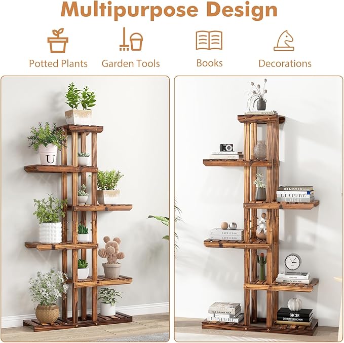 COSTWAY 6-Tier Multifunctional Wood Flower Stand, Shelf Holder for Multiple Plants, Freestanding Plant Rack for Garden, Patio, Balcony, Living Room, Indoor, Outdoor (29.5''x10''x55.5'')