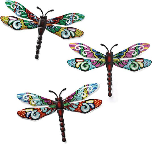 Scwhousi Metal Dragonfly Wall Decor，Outdoor Patio Fenxce Wall Art,Hanging Decorations for Living Room, Bedroom, 3 Pack