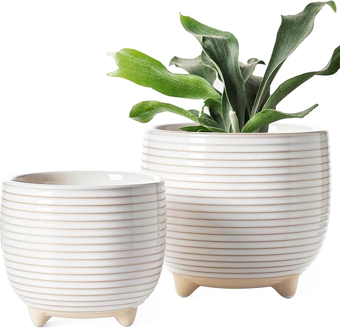LE TAUCI Ceramic Plant Pots, 5.1 + 6.4 Inch Footed Pots for Plants, Modern Flower Pots for Home and Office, Indoor Planters with Drainage, Reactive Glaze White