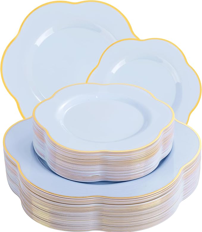 Liacere 50PCS Blue Plastic Plates - Heavy Duty Ice Blue Disposable Plates - Blue and Gold Plastic Plates Include 25PCS Blue Dinner Plates, 25PCS Blue Dessert Plates for Baby Shower Gifts