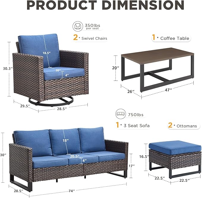 6 Pieces Patio Furniture Set-All Weather Outdoor Swivel Rocker Patio Chairs with 3-Seat Section Couch and Rattan Coffee Table Outdoor Conversation Sets for Garden Backyard Deck(Brown/Blue)