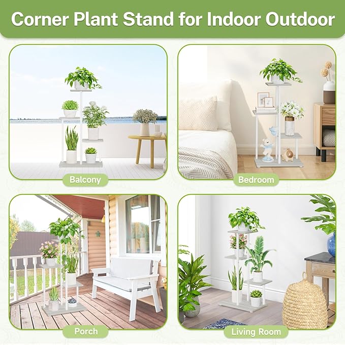 iDavosic.ly 4 Tier Plant Stand Indoor, Tiered Corner Plant Shelf for Multiple Plants, Metal Wood Tall Plant Display Rack Flower Holder for Patio Porch Garden Balcony Bedroom, White