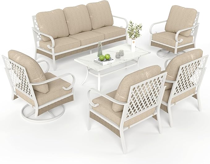 6 Piece Patio Furniture Set, 2 x Fixed Chair, 2 x Swivel Chair, 1 x 3-Seat Sofa with Marbling Coffee Table, All Cushioned Outdoor Conversation Set for Lawn Deck Backyard, Beige