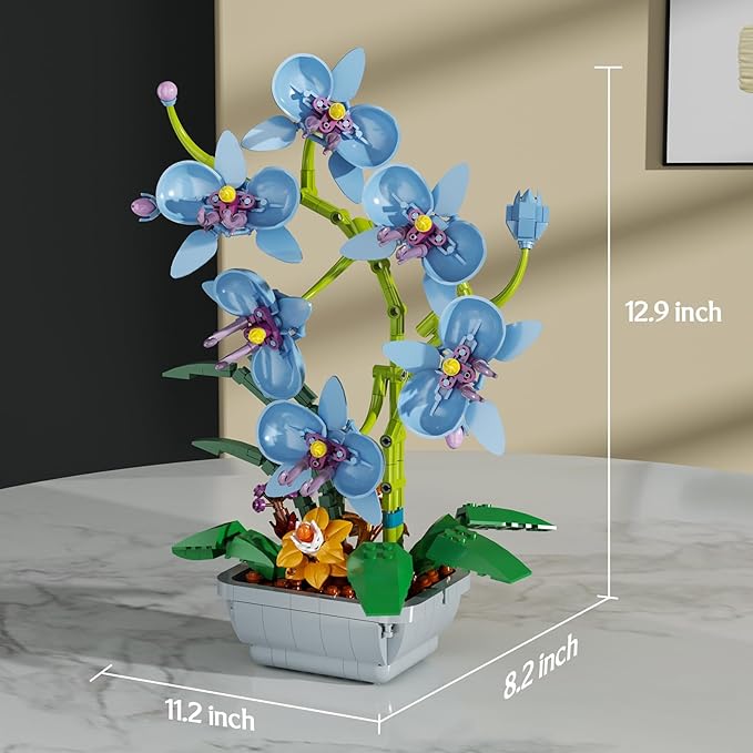 Blue Orchid Flowers Bouquet Building Set, Botanical Collection Artificial Plant for Home Décor, Ideal Gifts for Mother's Day, Anniversary, Birthday