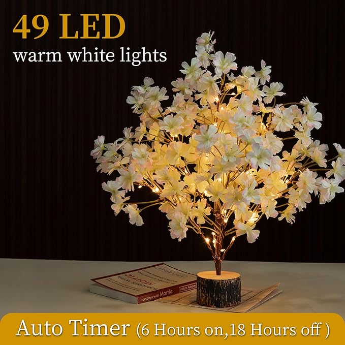 Lighted Cherry Blossom Tree Artificial, 19Inch Faux Bonsai Tree Japanese Decor, Battery Operated Floral Desktop Tree for Indoor Home Spring Summer Easter,Pink