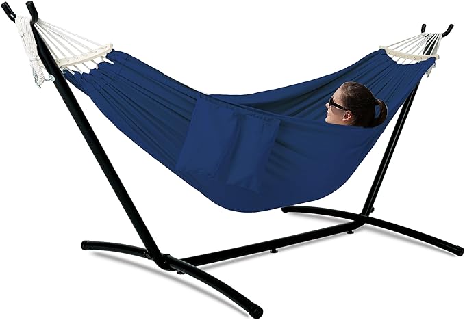 Double Hammock with Stand for Outside, Upgraded Spreader Bar, Heavy Duty Space Saving Steel Stand 2 Person, Side Pockets, Easy Assembly, 600lbs Weight Capacity, Indoor & Outdoor (Navy Blue)
