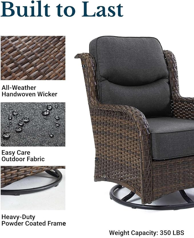 HILLGA Luxury Patio Furniture Set with 6-inch Thick Cushion, Outdoor High Back Swivel Rocker Patio Chairs, 5PCS Wicker Conversation Set for Deck Yard and Poolside, Dark Grey (V2)