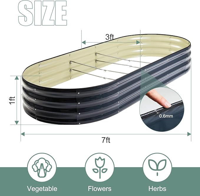 Galvanized Steel Raised Garden Bed 12" Tall Oval Galvanized Steel Raised Garden Bed - 7x3ft Oval Outdoor Planter Box with Rubber Edging (Grey)