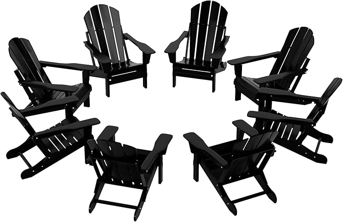 Westin Outdoors Laguna WO Outdoor Adirondack Folding Patio Chairs 8 PCS Set Retro Beach Aesthetic for Backyard, Lawn, Patio, Deck, Garden, Weather Resistant Polyethylene Plastic Lounger (Black)