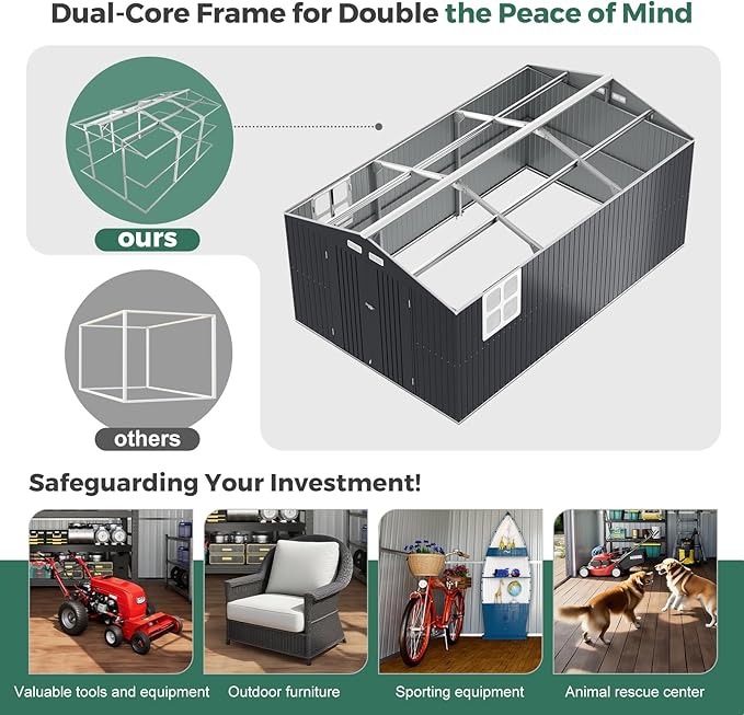 Metal Shed 10x16 FT Big with Heavy-Duty Reinforced Steel Frame and Customizable Skylight, Lockable Doors, 4-Pane Windows, Large Outdoor Storage for Garden, Tools, and Utility