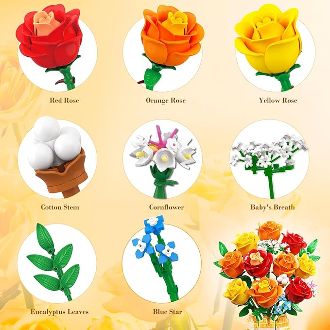 Flower Bouquet Building Set with Vase & LED Light, Yellow, Orange and Red Roses 3.6MM Mini Botanical Building Block Toys, Gifts for Friends, Artificial Flowers for Office Home Decor & Display