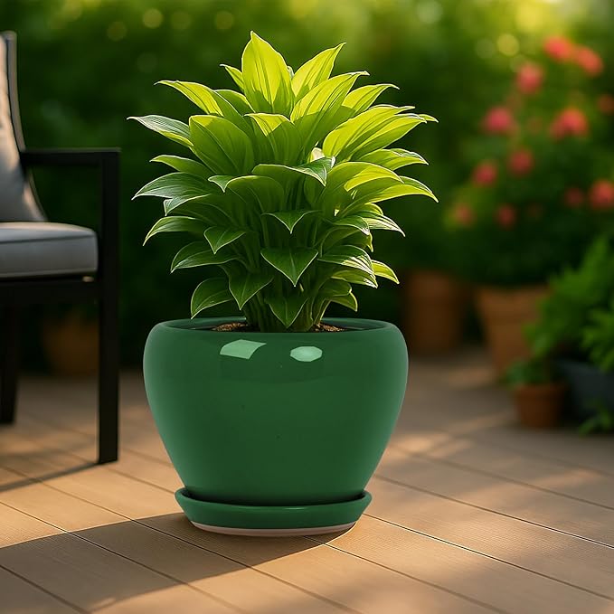 Deep Dream 10 Inch Plant Pot- Ceramic Planter Pot Round Plant Pots for Indoor Plants Outdoor Large Flower Pot with Drainage Holes & Trays, Green