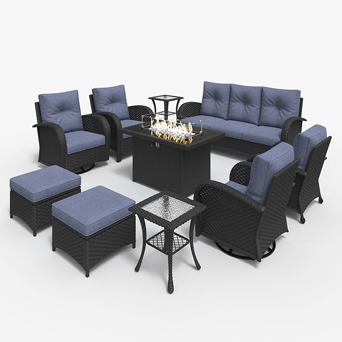 LayinSun 10 Pieces Outdoor Patio Furniture Set with Fire Pit Table, Rattan Wicker Sectional Swivel Rocker Chairs Sets