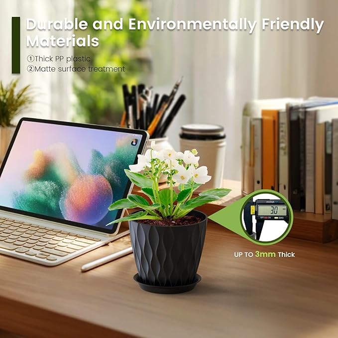 5 inch Plant Pots for Indoor Outdoor Plants, 6 Pack Thick Nursery Pots with Drainage Holes and Saucers, 3D Modern Wave Texture Small Plastic Planter Flower Pots for Succulent, Herb, Black