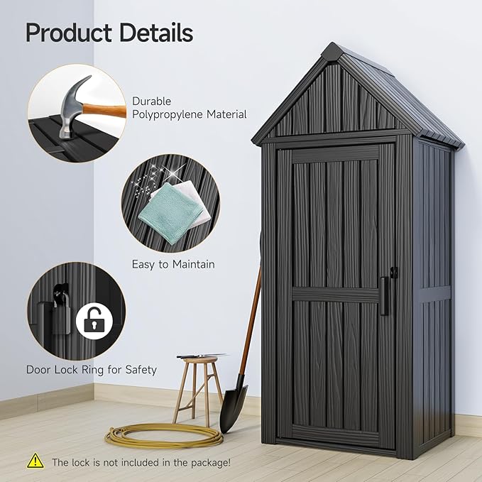ONBRILL Multifunctional Storage Shed, Outdoor Storage Cabinet with Hooks and Lock Ring, Waterproof Outdoor Storage Shed for All Weather, Tool Outdoor Shed for Patio Lawn and Garden