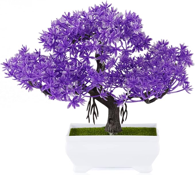 Mini Artificial Bonsai Tree Plants with Plastic Cement Pots for Home Office Décor (Purple)