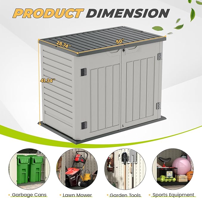 Amopatio Horizontal Outdoor Storage Shed, 34.5 Cu Resin Outdoor Storage Cabinet Waterproof, Outside Cabinet Weather Resistant for Trash Cans, Lawn Mower, Garden Tools, Patio Furniture, Light Grey