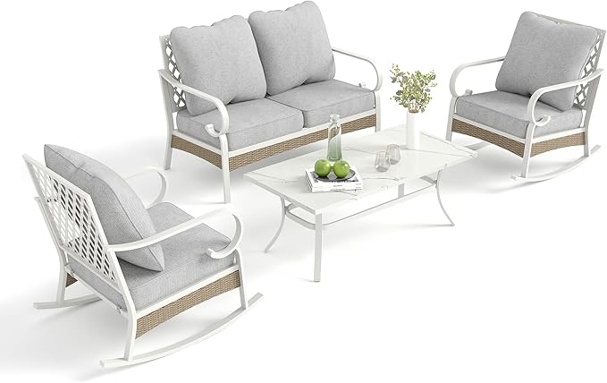 4 Piece Patio Furniture Set, 2 x Rocking Chair, 1 x 2-Seat Sofa with Marbling Coffee Table, 4 Seats Outdoor Conversation Set for Lawn Garden Backyard, Light Gray