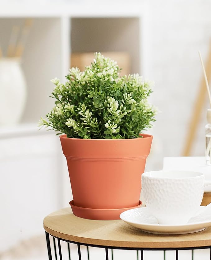 homenote Plant Pots,7.5 Inch Flower Pots for Plants Plastic Planters for Indoor with Multiple Drainage Holes and Trays, for All Home Garden Flowers Succulents,Outdoor(Terra Cotta,8 Pack)