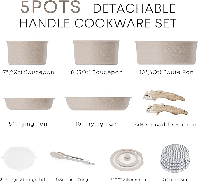 Caannasweis Detachable Nonstick Cookware Set - Stackable Induction Pots and Pans With Removable Handles, Dishwasher Safe - For RV Camping, Oven and Stovetop Use, 5 Pieces (Brown)