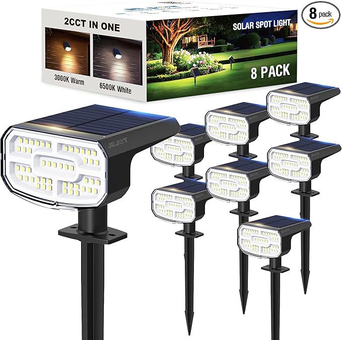 Solar Lights Outdoor Waterproof IP65, Super Bright LED, 2CCT 4 Lighting Modes 3000K/6500K Selectable, Solar Powered Yard Garden Solar Spot Lights for Outside Landscape Auto On/Off -8 Pack