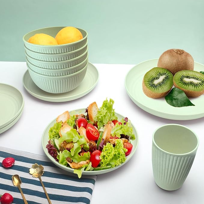 Wheat Straw Dishes Set for 8, Dinnerware Sets 32 piece, Unbreakable Plates, Bowls, Cups Sets for Kitchen Parties Camping RV - Green