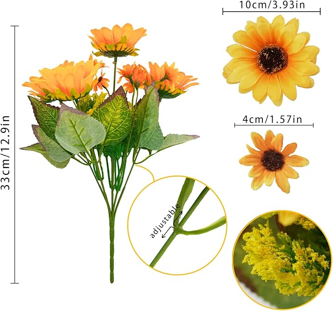 Uieke 4PCS Sunflowers Artificial Flowers, Fake Silk Fall Flowers with 7 Stems for Indoor Outdoor Home Centerpieces Wedding Bouquet Arrangement Office DIY Décor (Orange Yellow)