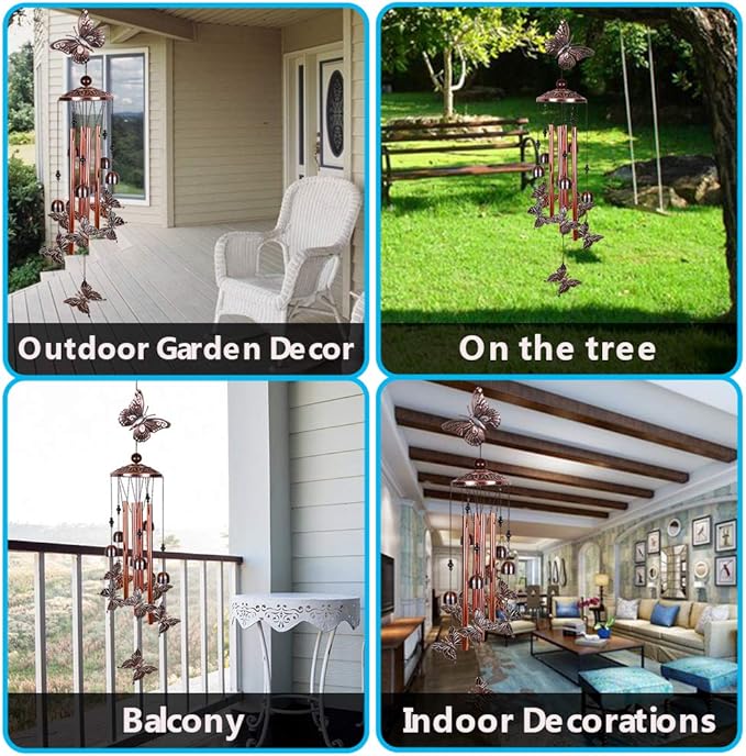 Butterfly Wind Chimes Outdoor Decor -with 4 Tubes 6 Bells 7 Butterflies 36In Waterproof Mobile Romantic Wind Catcher Butterfly Windchimes for Home, Xmas Mom Gifts, Festival,Balcony,Garden Decoration
