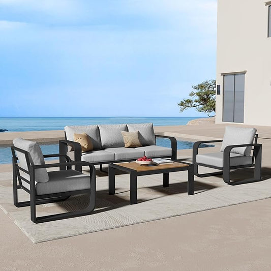 Aluminum Outdoor Patio Furniture Set 4 Piece, Oversized Patio Conversation Sets Widened Armrest & Ultra-Thick Cushions, Deep Seating Modern Sectional Furniture for Backyard, Porch, Gray