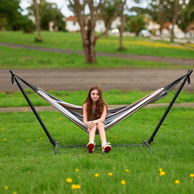 SZHLUX Double Hammock with Stand Included 450lb Capacity Steel Stand, Premium Carry Bag Included and Two Anti Roll Balance Beam, Portable Hammock with Stand for Backyard, Camping,Garden Brown Stripes