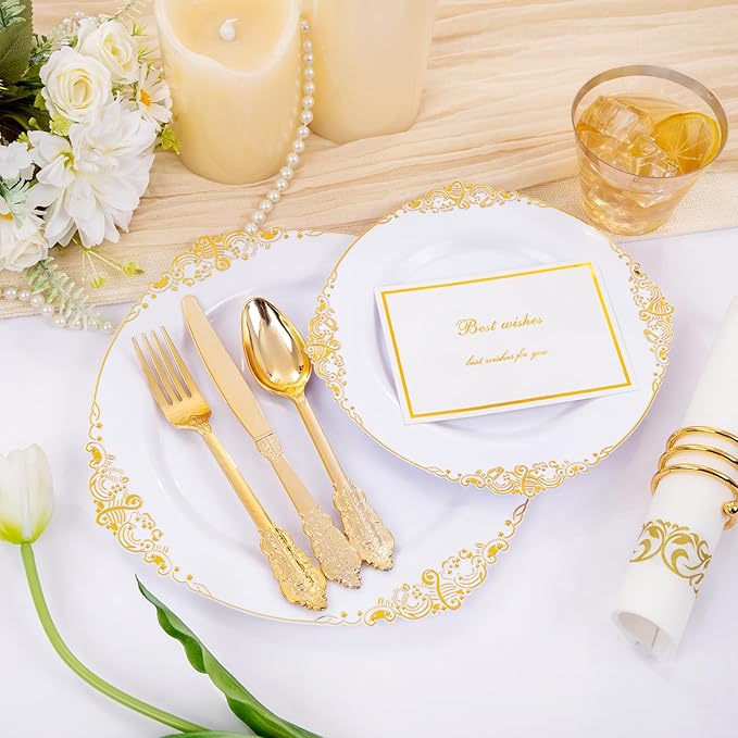 Hioasis 210pcs White and Gold Plastic Plates - Disposable Dinnerware Set Suitable for 30 Guests Include 10.25" Dinner & 7.5" Dessert Plates, Pre Rolled Silverware Set, Cups for Party & Thanksgiving