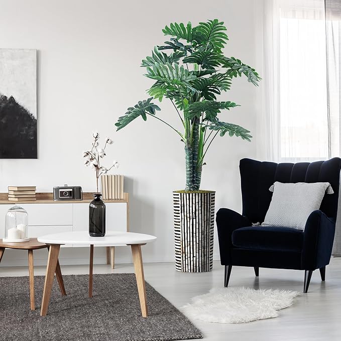 Artificial Tree in Black and Brown Striped Planter, Fake Philodendron Tree Silk Tree for Indoor and Outdoor Home Decoration - 70" Overall Tall (Plant Pot Plus Tree)
