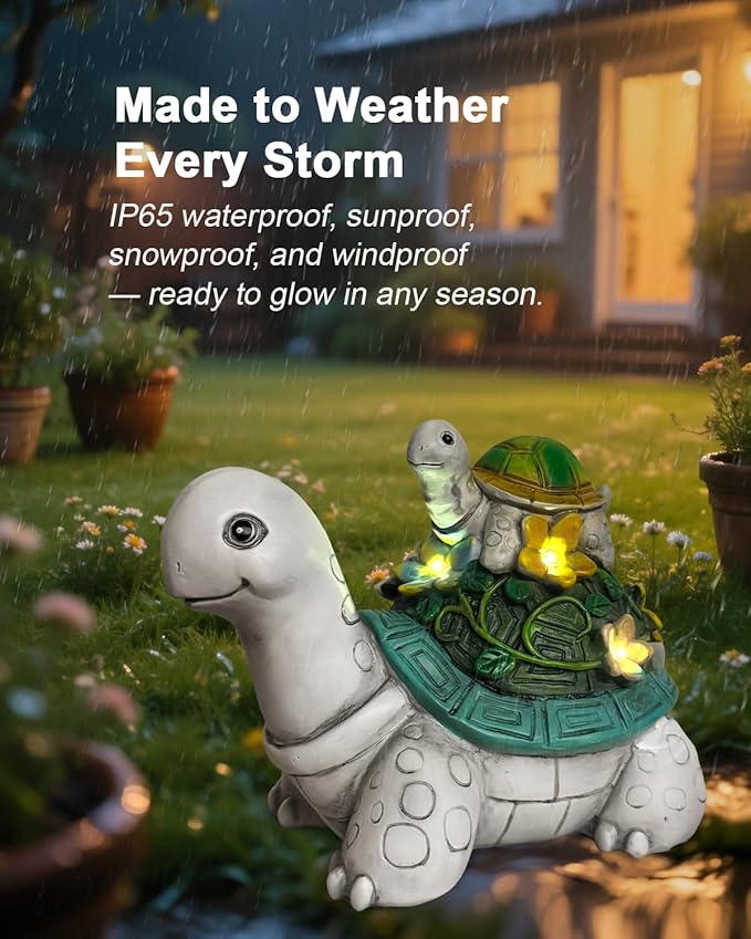 Solar Garden Lights Outdoor Statues – 2 Turtle Figurines with 7 LED Lights, Cute Lawn Ornaments for Yard, Patio, Porch, Balcony – Waterproof Solar Turtle Garden Decor for Outside