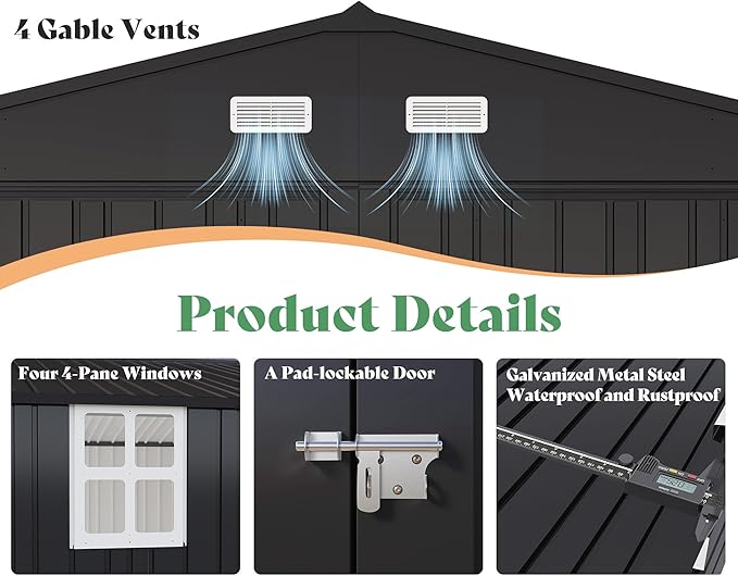 AMERLIFE 13x21x8.4 FT Outdoor Metal Garage Shed, Extra Large Storage Shed with Double Hinged Doors & 4 Windows, Carport for Car, Truck, Bicycle and Equipment Storage, Dark Gray