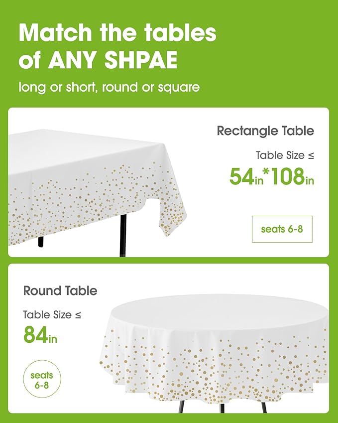 Pureegg Plastic Table Cloth Disposable 8 Pack, 54 x 108 Inch Table Cloths, Graduation Decorations Class of 2025, Graduation Tablecloths, Rectangle, Plastic Cover, Leakproof & Sturdy, White and Gold