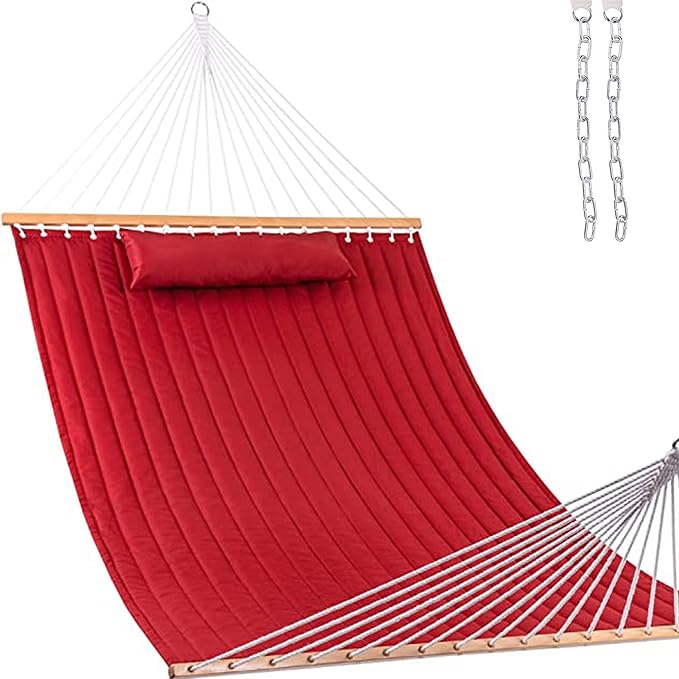 Lazy Daze Hammocks 12 FT Double Quilted Fabric Hammock with Spreader Bars and Detachable Pillow, 2 Person Hammock, 450lbs Weight Capacity, Burgundy