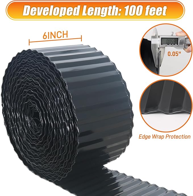 Corrugated Metal Garden Edging, 6"×100Ft Landscape Edging Border for DIY Lawn, Flower Bed and Garden, Flexible Bender Border for Lawn and Yard, Sturdy Galvanized Garden Edging Border, Black