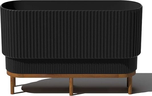 Veradek Demi Series Raised Long Planter for Indoor/Outdoor Use | Made from Plastic & Stone w/Wooden Stand | Modern Patio Décor for Flowers/Shrubs