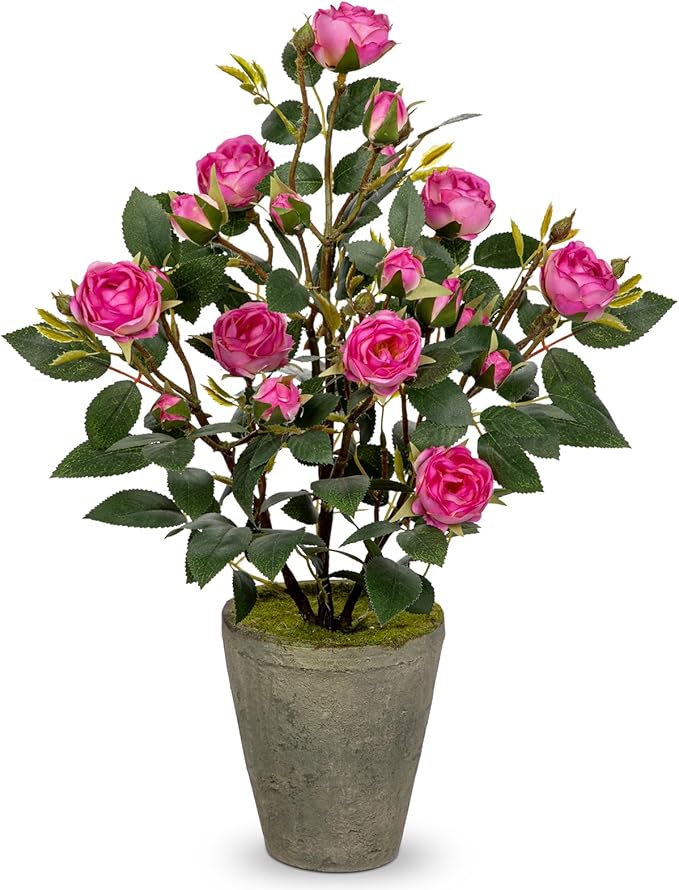Artificial Flower Plants Camellia Pink Roses Faux Potted Plant with Cement Pot Fake Silk Flower Rose Camellias Flower Arrangement Office Home Decor Bathroom Shelf Desk Decoration 15 Inch