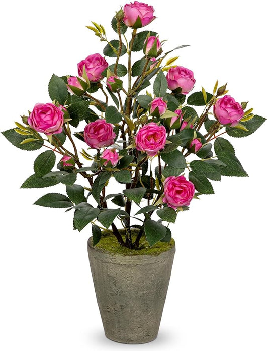 Artificial Flower Plants Camellia Pink Roses Faux Potted Plant with Cement Pot Fake Silk Flower Rose Camellias Flower Arrangement Office Home Decor Bathroom Shelf Desk Decoration 15 Inch