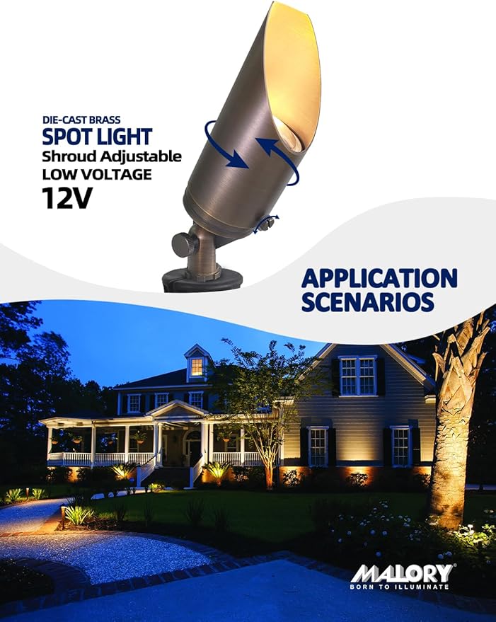 MALORY Brass Landscape Spotlight 10-Pack with 5W LED MR16 Bulb(S03), 12V AC/DC Low Voltage Outdoor Landscape Lighting Shroud Adjustable,Ground Stake and Wire Connector Included,2700K Warm White