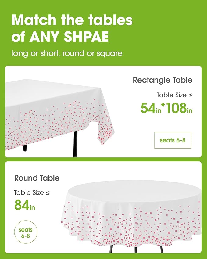 Pureegg Plastic Table Cloth Disposable 8 Pack, 54 x 108 Inch Table Cloths, Graduation Decorations of 2025, Graduation Tablecloths, Rectangle, Plastic Cover, Leakproof & Sturdy, White and Rose Gold