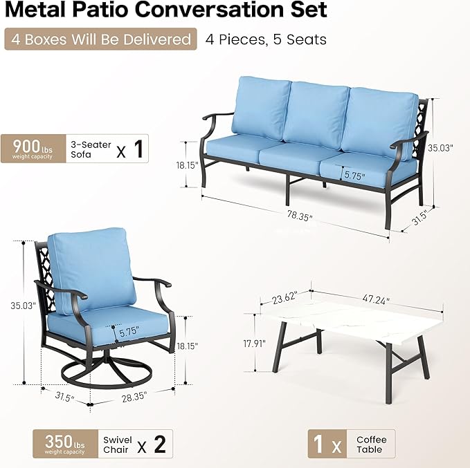 4 Piece Metal Outdoor Patio Furniture Set, Patio Conversation Sets 1 3-seater Sofa, 2 Swivel Chair with 5.75" Extra Thick Cushion and Coffee Table, Black Frame Backyard Furniture, Blue