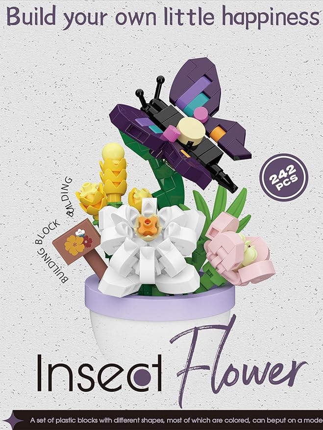 Purple Butterfly White Flower Mini Flower Cute Insects Potted Plant Bonsai Building Toy Blocks Particle Set Small Flowers Botanical